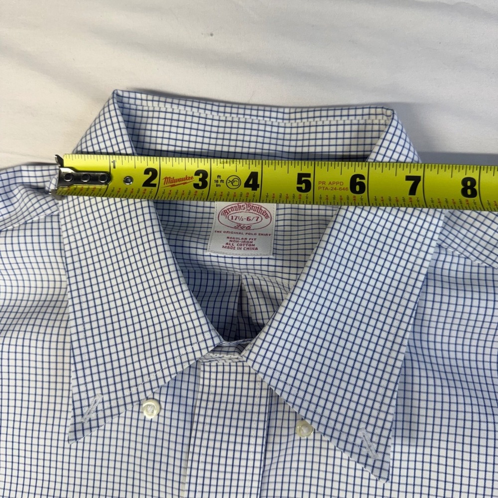 Brooks Brothers 346 Mens 17.5 6/7 Blue White Check Non-Iron Cotton Dress Shirt - Picture 3 of 13
